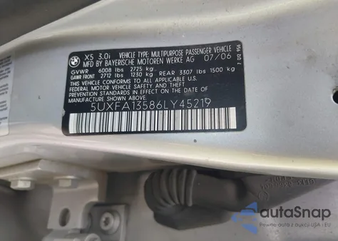 2006 BMW X5 3.0I z USA, uszkodzony, nr VIN 5UXFA13586LY45219